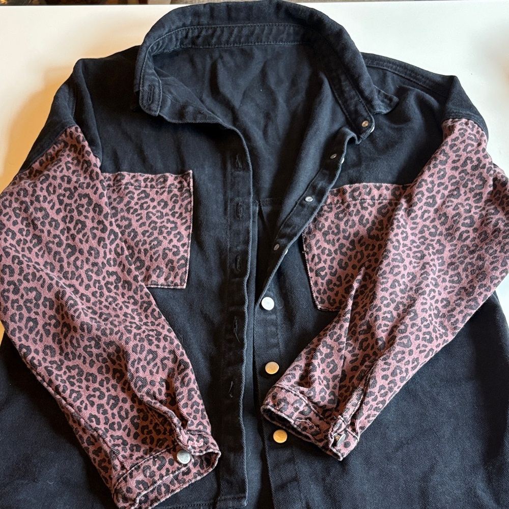Black Jacket with brown Leopard Print Sleeves